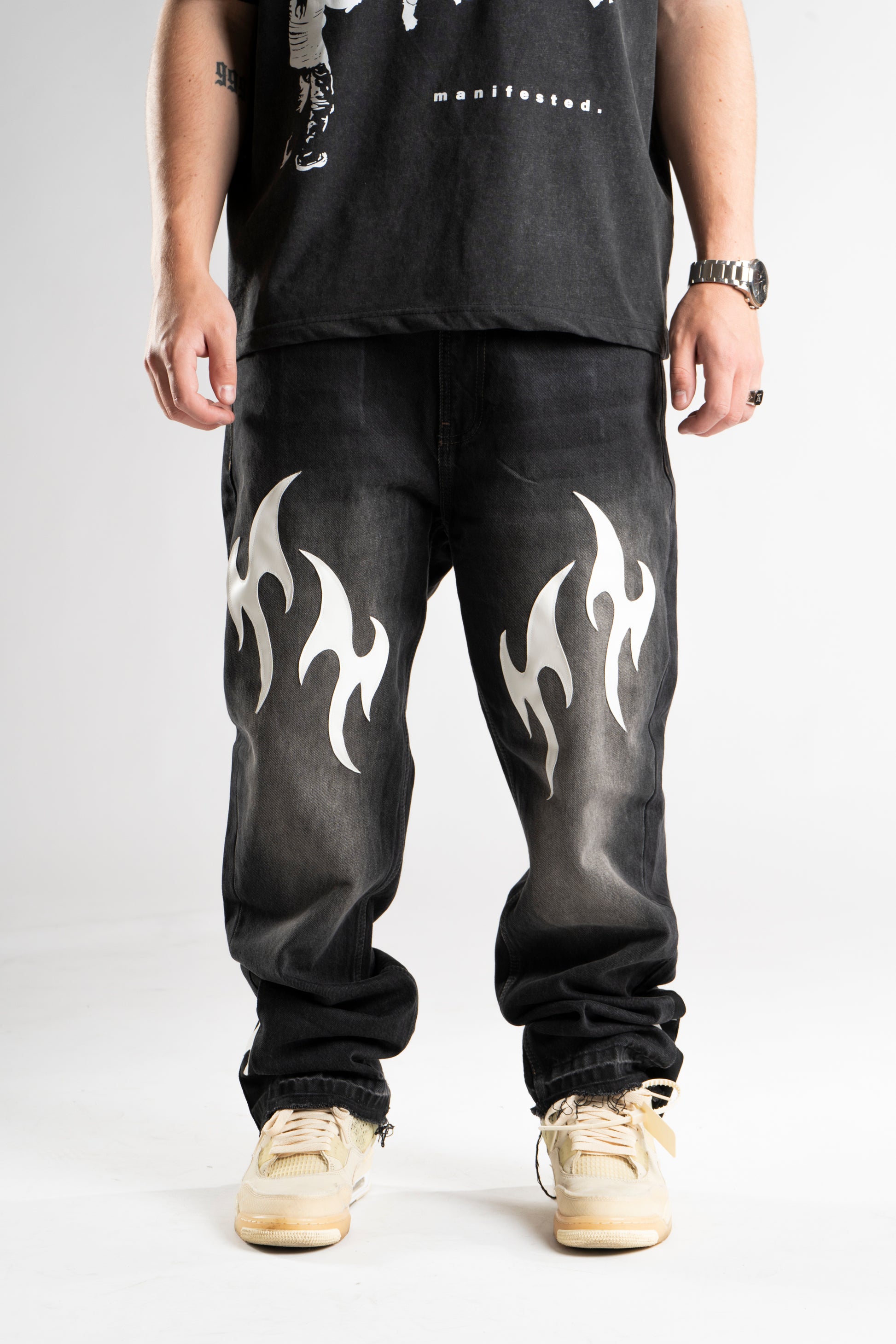 Custom Leather Tribal Flared Jeans-Kalhoty-Custompantsprg-pikastore.cz