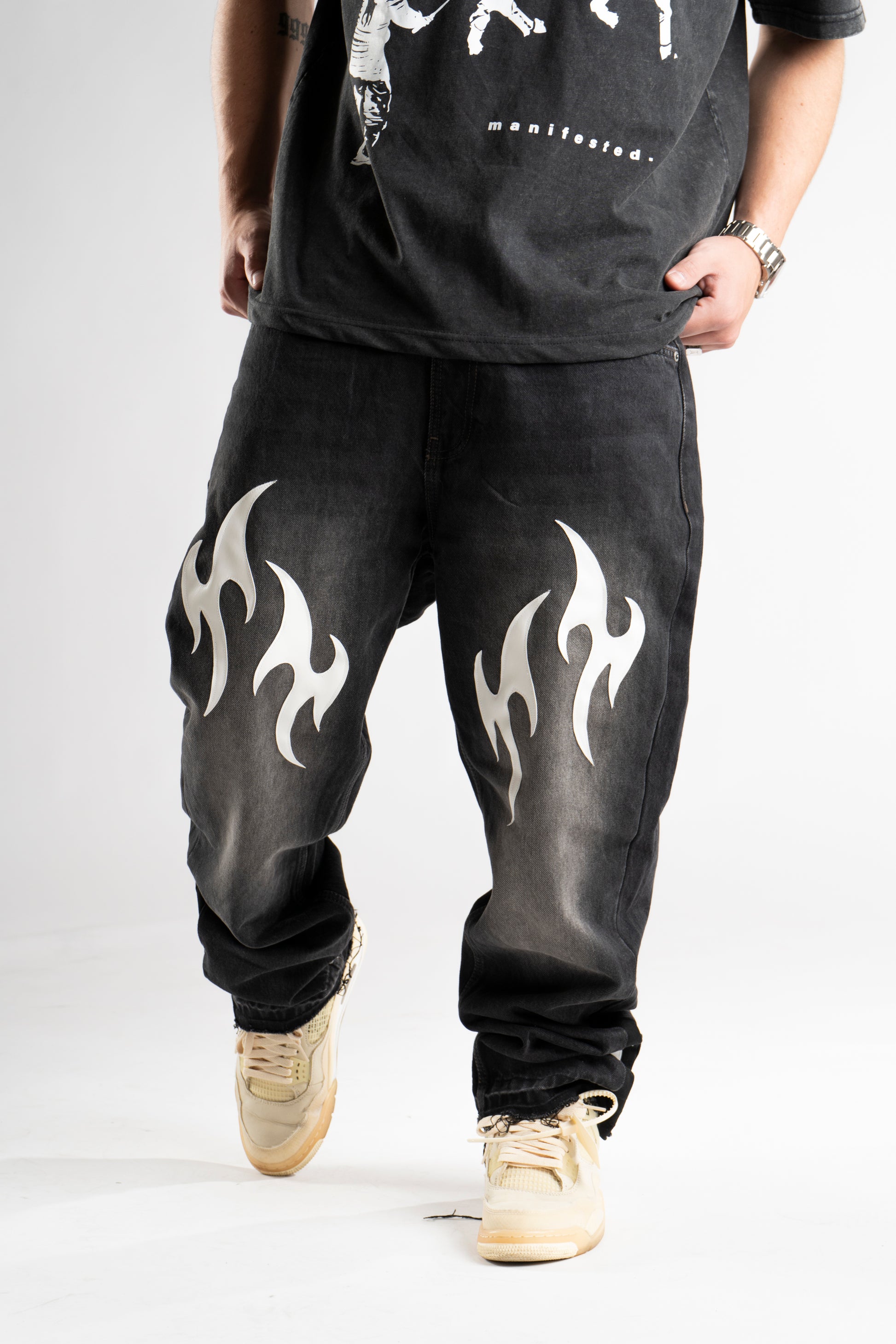 Custom Leather Tribal Flared Jeans-Kalhoty-Custompantsprg-pikastore.cz