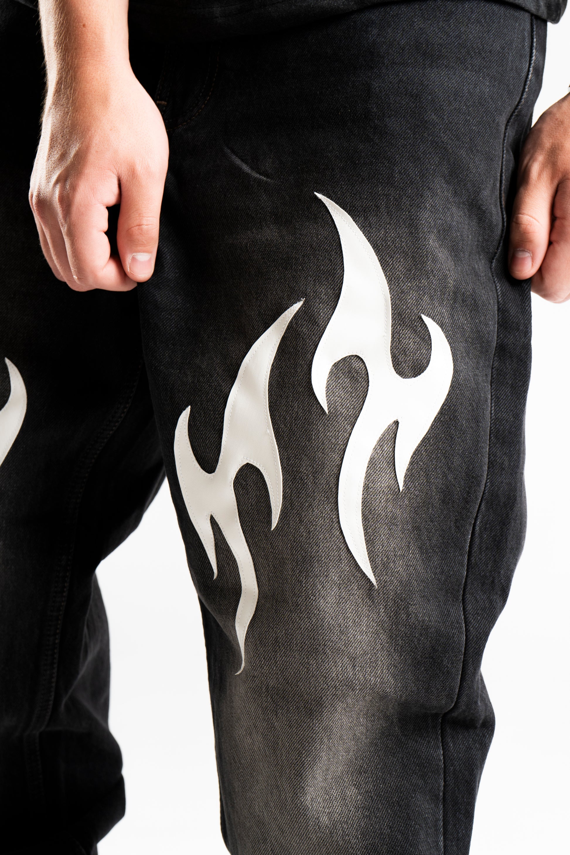 Custom Leather Tribal Flared Jeans-Kalhoty-Custompantsprg-pikastore.cz