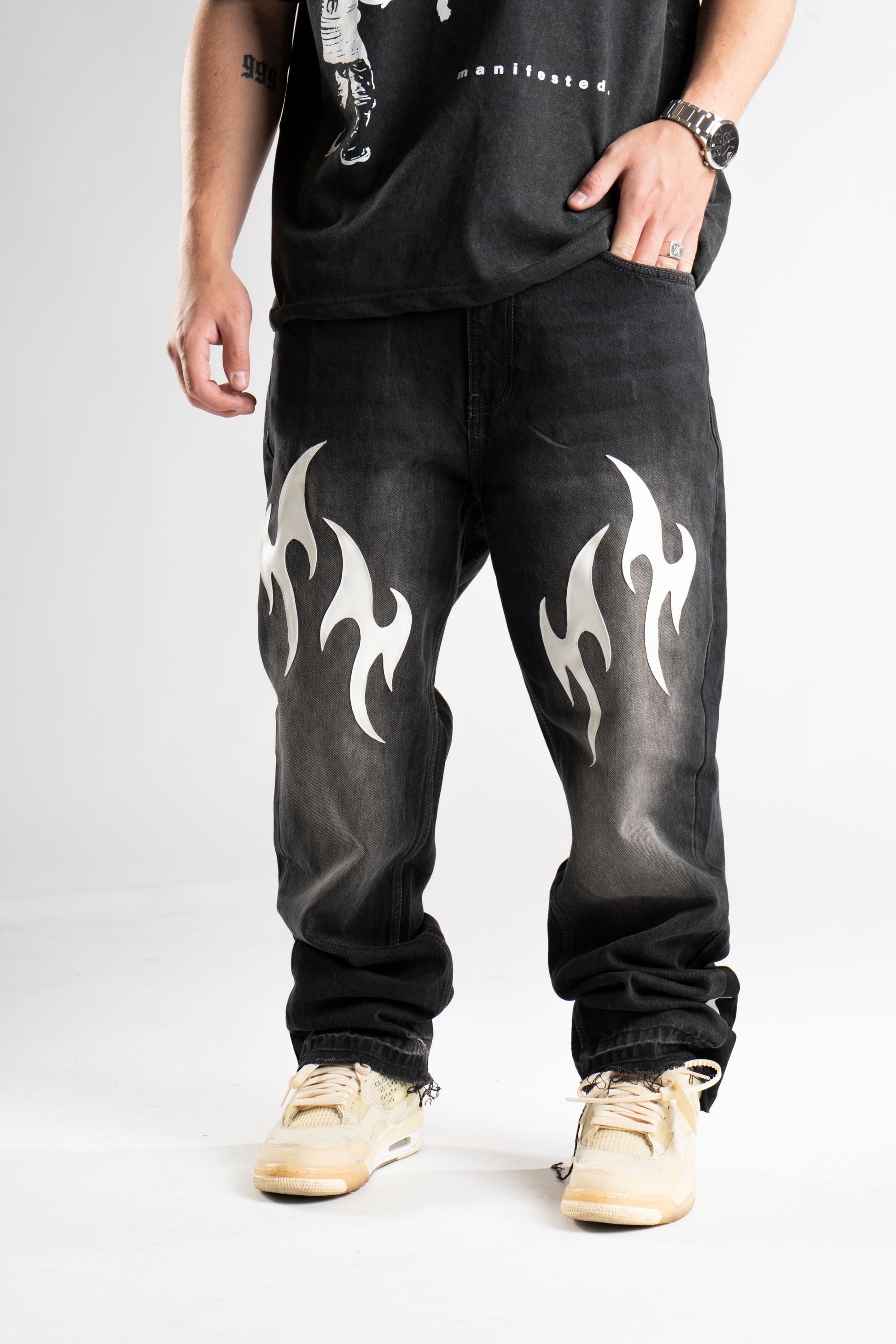Custom Leather Tribal Flared Jeans-Kalhoty-Custompantsprg-pikastore.cz