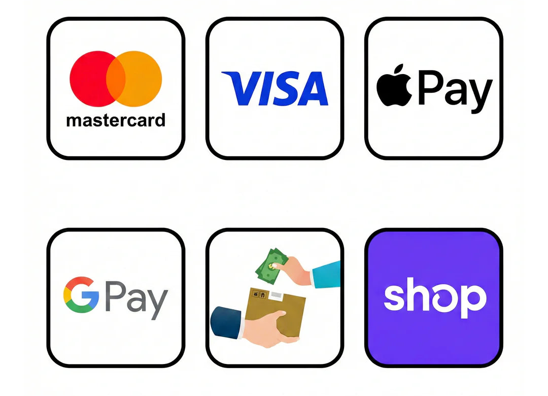 Mastercard, Visa, Apple Pay, Google Pay, Nachnahme, Shop Pay